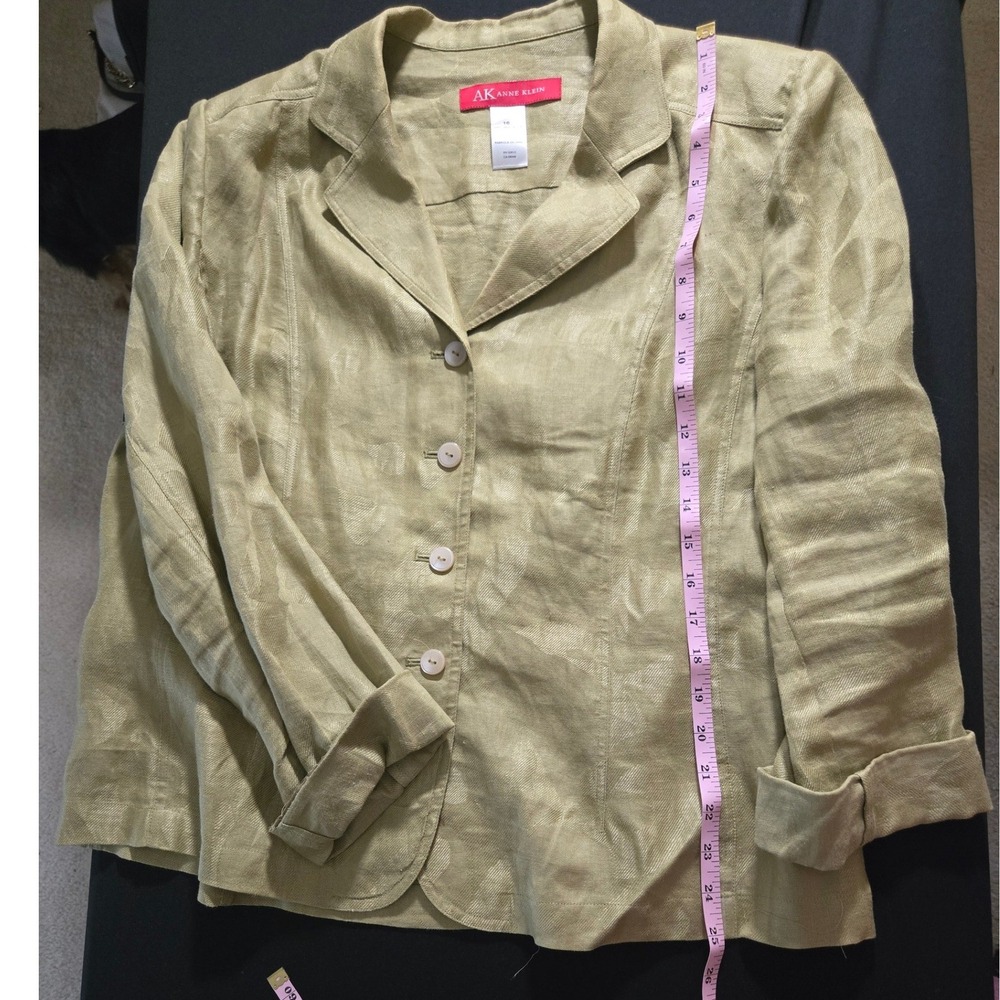 Anne Klein Blazer Women 16 Green Excellent 100% Linen Leaf Jacquard Button Front - Picture 7 of 7